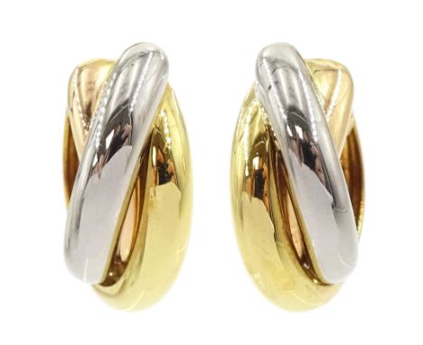 Cartier Trinity pair of 18ct gold tricoloured hoop earrings, hallmarked, serial No. I74943, boxed with certificate dated 1999