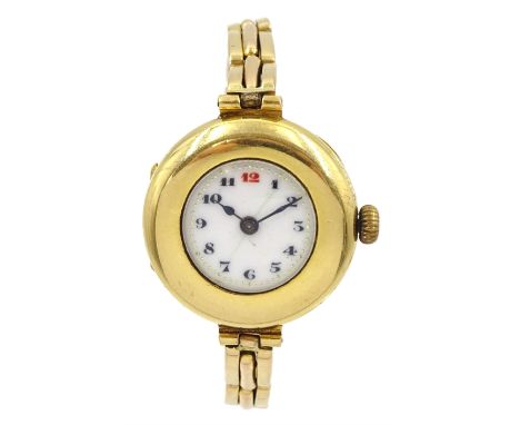 Early 20th century 18ct gold manual wind wristwatch, case by Benson Brothers, Chester 1919, on gold expanding link bracelet, 