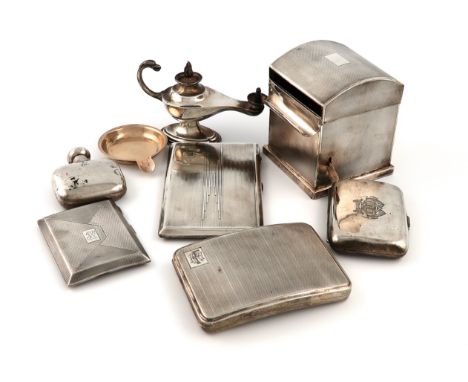 A mixed lot of silver items, various dates and makers, comprising: a table cigar lighter, modelled as an oil lamp, by Asprey 