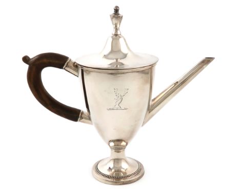 A George III old Sheffield plated argyle, unmarked circa 1790, plain urn form, scroll handle, domed cover with an urn finial,