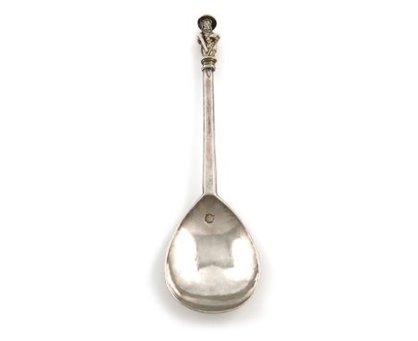 An Elizabeth I silver Apostle spoon, possibly St. James the Greater or St. Thomas, maker's mark T over a crescent, London 159