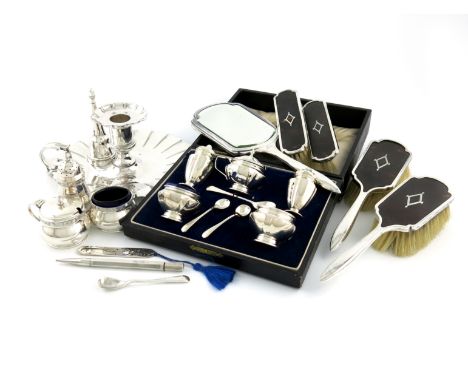 λA mixed lot, comprising silver items: a five-piece silver and tortoiseshell dressing table set, by H. Matthews, Birmingham 1