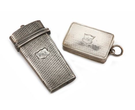 λA Victorian silver vinaigrette, by E. Smith, Birmingham 1840, rectangular form, engine-turned decoration, plus a Victorian s