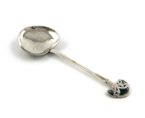 An Edwardian silver and enamel Art Nouveau spoon, marks partially lost in repair, Birmingham 1903, heart-shaped bowl, intertw