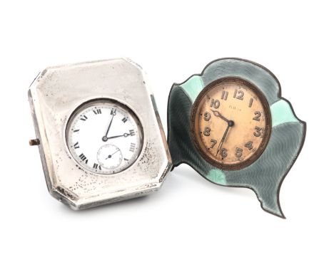A silver and enamel clock, by The Adie Brothers, Birmingham 1933, arched rectangular form, gilt-metal back and easel strut, l