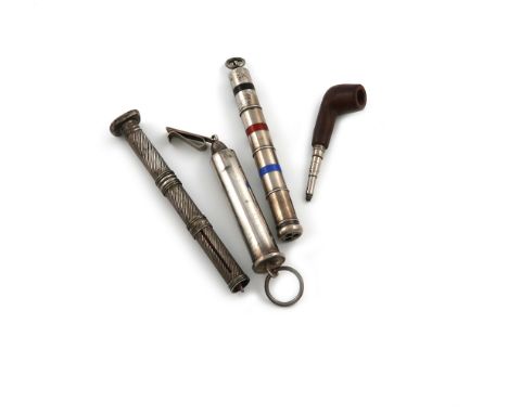 A Victorian three-colour silver and enamel twist-action propelling pencil, marked Patent, cylindrical form, with blue, black 