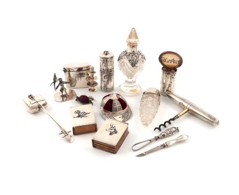 A mixed lot of small silver items, comprising: a travelling corkscrew, by John Harris, London 1863, a modern pin cushion mode