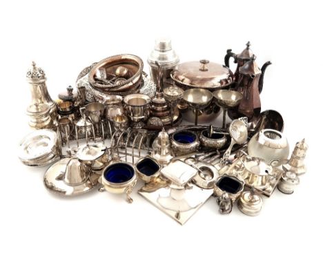 λA mixed lot, comprising silver items: a sugar caster, four Armada dishes, three ashtrays, a silver-mounted glass table vesta