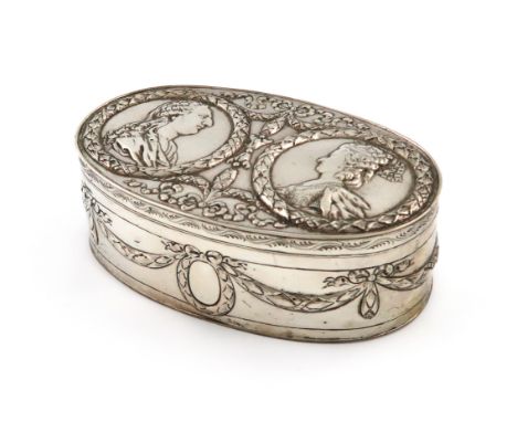 A German silver box, oval form, the hinged cover embossed with a portrait of a lady and gentleman, within laurel borders, and