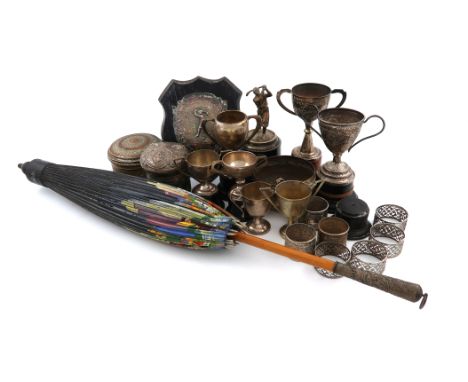 A mixed lot of Indian silver and metalware, comprising: two trinket boxes and covers, two trophy cups, a bowl and a trophy sh