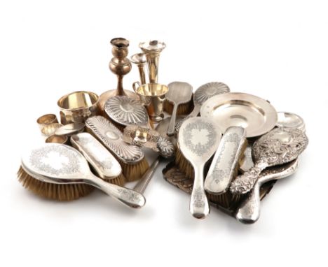 A mixed lot of silver items, various dates and makers, comprising: an Armada dish, London 1961, a dressing table tray, (centr