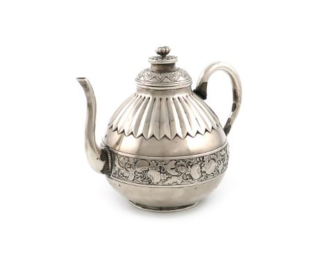 A Japanese silver teapot, the side of the body with Japanese characters, tapering circular form, with fluted decoration, scro