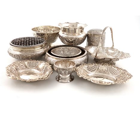 A mixed lot of silver and metalware items, comprising: a Victorian swing-handled basket, by Gibson and Langman, London 1899, 