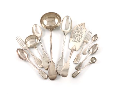 A collection of Victorian silver Fiddle and Thread pattern flatware, various dates and makers including George Adams and Mess