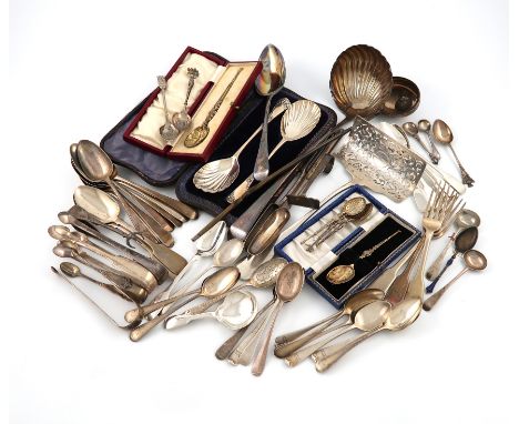 A mixed lot of silver flatware, various dates and makers, comprising: a George III soup ladle, London 1767, two George III ma