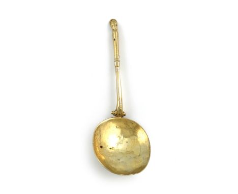 A Dutch silver-gilt 'Hoof-end' spoon, marks worn, probably late 17th century, oval bowl, the faceted stem with a hoof finial,