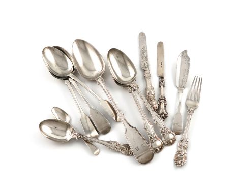 A mixed lot of silver flatware, comprising: a George IV Fiddle and Thread pattern basting spoon, London 1826, a three-piece k