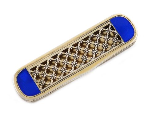 A French silver-gilt and enamel toothpick box, maker's mark CG in a lozenge, rounded rectangular form, the hinged cover with 