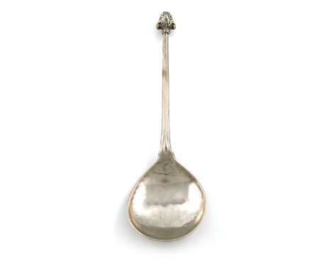 A 17th century Scandinavian silver spoon, mark worn, possibly Norwegian circa 1654, fig-shaped bowl, tapering faceted stem wi