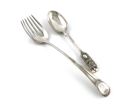 A George III silver Bright-cut salad fork, by Richard Crossley, date letter worn, the terminal with a crowned 'C', plus a Cha
