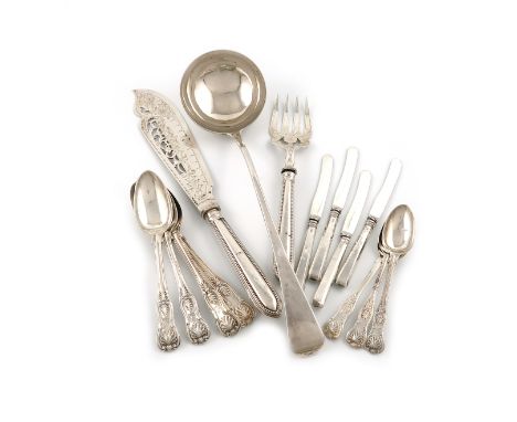 A mixed lot of silver flatware, various dates and makers, comprising: a George III Old English pattern soup ladle, by Hougham