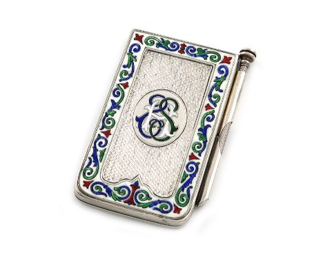 An Edwardian silver and enamel aide memoire, by John Banks, London 1901, rectangular form, the cover with red, blue and green