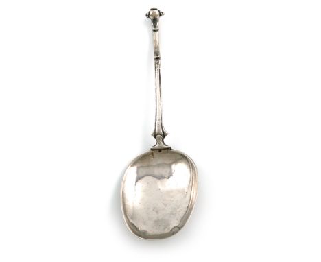 A late 17th century Dutch silver Scroll-end spoon, the reverse of the bowl with an unidentified mark, the oval bowl with a pl