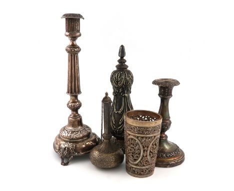 A mixed lot, comprising silver items: a Russian provincial Sabbath candlestick, by J. Ehrlich, Kostroma, 1896/1908, embossed 