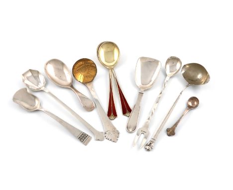 A mixed lot of silver flatware, comprising: a Georg Jensen Acorn pattern ladle, with import marks for London 1961, a Danish c