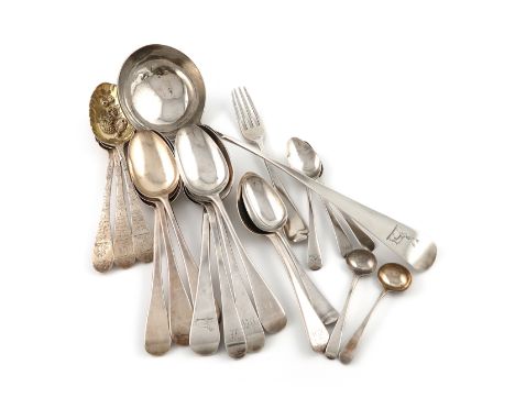 A collection of silver Old English pattern flatware, various dates and makers, comprising: a soup ladle, the terminal with a 