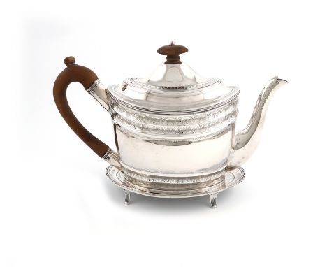 A George III silver teapot and stand, by Peter, Ann and William Bateman, London 1800, oval form, bright-cut decoration, domed