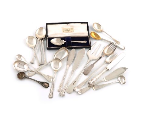 A mixed lot of silver flatware, various dates and makers, a bread fork, a chutney spoon, a pickle fork, a sugar spoon, a case