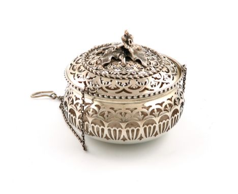 A silver hanging pot-pourri pot and cover, by Elkington and Co, Birmingham 1910, circular bellied form, pierced decoration, t