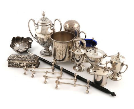 A mixed lot of silver items, various dates and makers, comprising: a Victorian mug, by the Barnards, London 1880, a four-piec