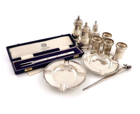 A mixed lot of silver items, various dates and makers, comprising: a pair of pepper pots, London 1924, oval baluster form, a 