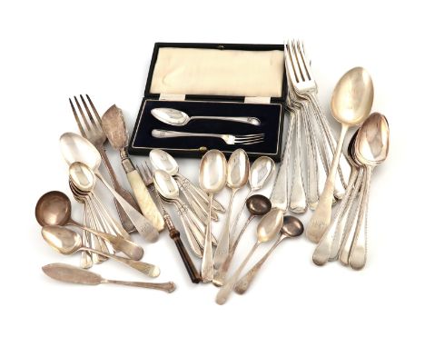 A mixed lot of silver flatware, various dates and makers, comprising: six matched Beaded pattern table forks, four Beaded des