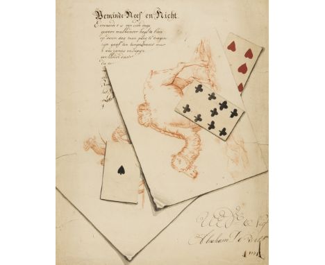 NO RESERVE Dutch School (18th century) Trompe-l'oeil, with playing cards and drawings of camels, red chalk, pen and brown ink