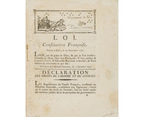 France.- Loi. Constitution Francoise. Donne a Paris, le 14 Septembre 1791, drop-head title, woodcut headpiece, 62pp, 4to, sti