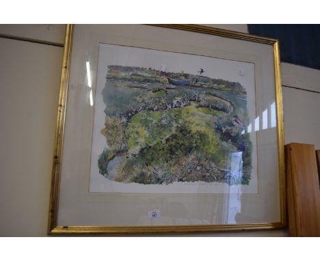 GILT FRAMED PRINT "SALTMARSH AND BLAKENEY SEA WALL", 70 X 77CM
