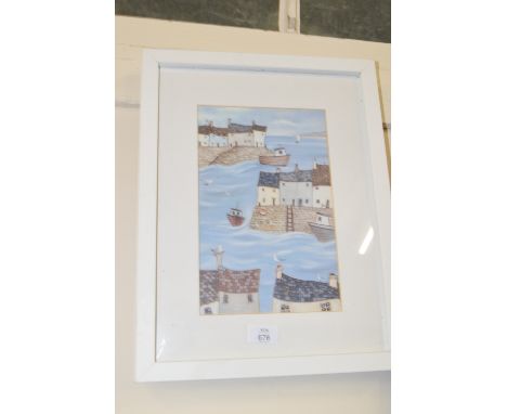 FRAMED PRINT OF A VILLAGE HARBOUR, 44 X 34CM