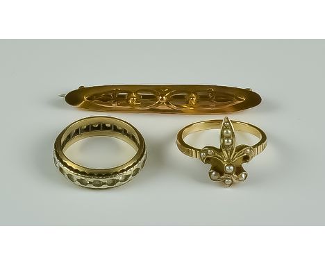 A Mixed Lot of 9ct Gold, comprising - a pearl set ring in the form of a fleur de lis, size O, a bar brooch 45mm overall, and 