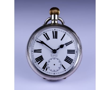 A Silver Cased "Goliath" Eight Day Pocket Watch, 68mm diameter, white enamelled face with black Roman baton numerals, subsidi