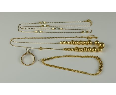 A Mixed Lot of 14ct Gold, comprising - one pearl set necklace, 400mm overall, one necklace with gold spheres, 400mm overall, 