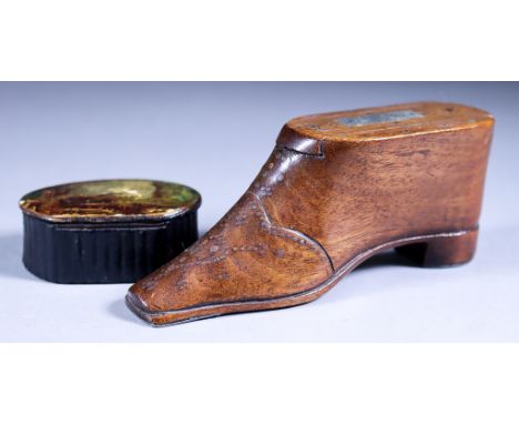 An English Mahogany Shoe Pattern Snuff Box, 19th Century, with piqué-work heart and stylised stitching to upper, with sliding