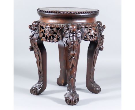 A Chinese Rosewood Circular Jardiniere Stand, Late 19th Century, inset with circular pink veined marble panel and with beaded