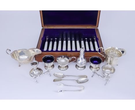 A George VI Silver Circular Four-Piece Condiment Set and Mixed Silverware, the condiment set R. R., Birmingham 1935, comprisi