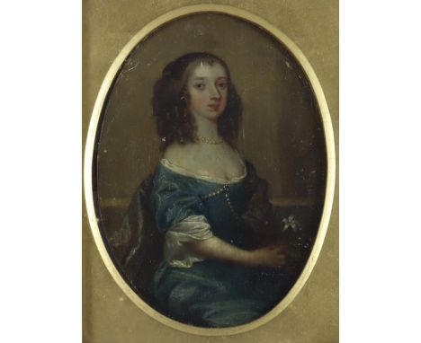 Circle of Sir Peter Lely (1618-1680) - Oil painting - Portrait of a young woman, seated, wearing a blue dress and holding a f