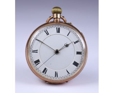 A 9ct Gold Cased English Lever Chronograph, Early 20th Century, unsigned, 52mm diameter case, white enamelled dial with black