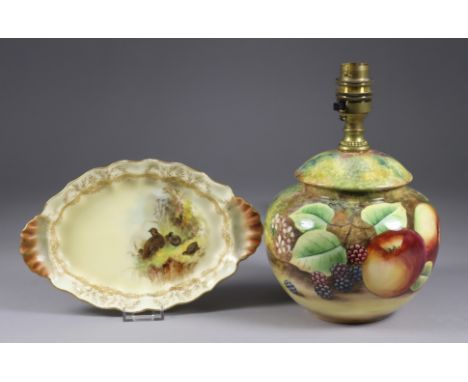A James Skerrett Bone China Table Lamp painted with Fruit, signed, 8.75ins high, with shade, and a Royal Worcester bone china