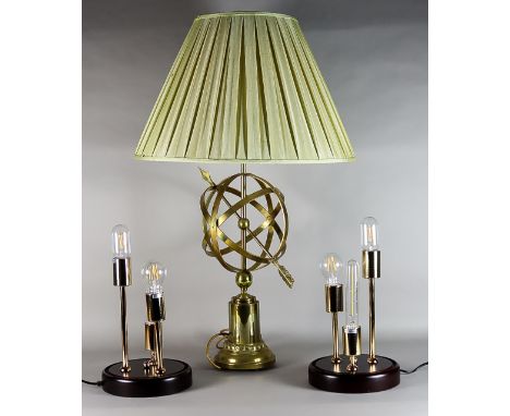 A Brass "Armillary Sphere" Pattern Electric Table Lamp and a Pair of "Edison" Electric Table Lamps, Modern, the brass lamp 26
